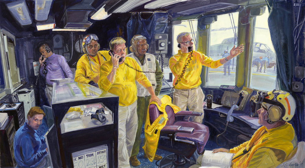Bataan Flight Deck Control Room painting with sailors in yellow shirts on phones