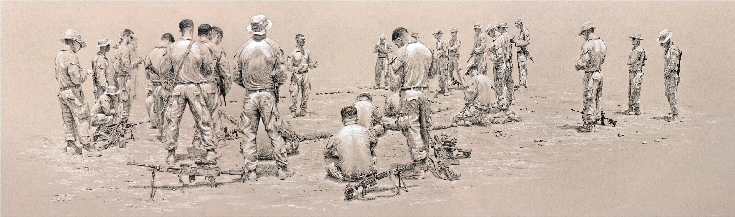A long horizontal sketch of a briefing of service members in the Desert - 2nd Bn 6th Marines, 26th MEU - Djibouti, Africa