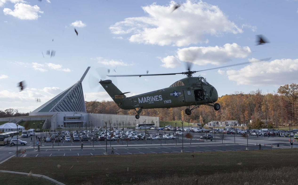 The UH-34D landing at the National Museum of the Marine Corps. Debris is flying.