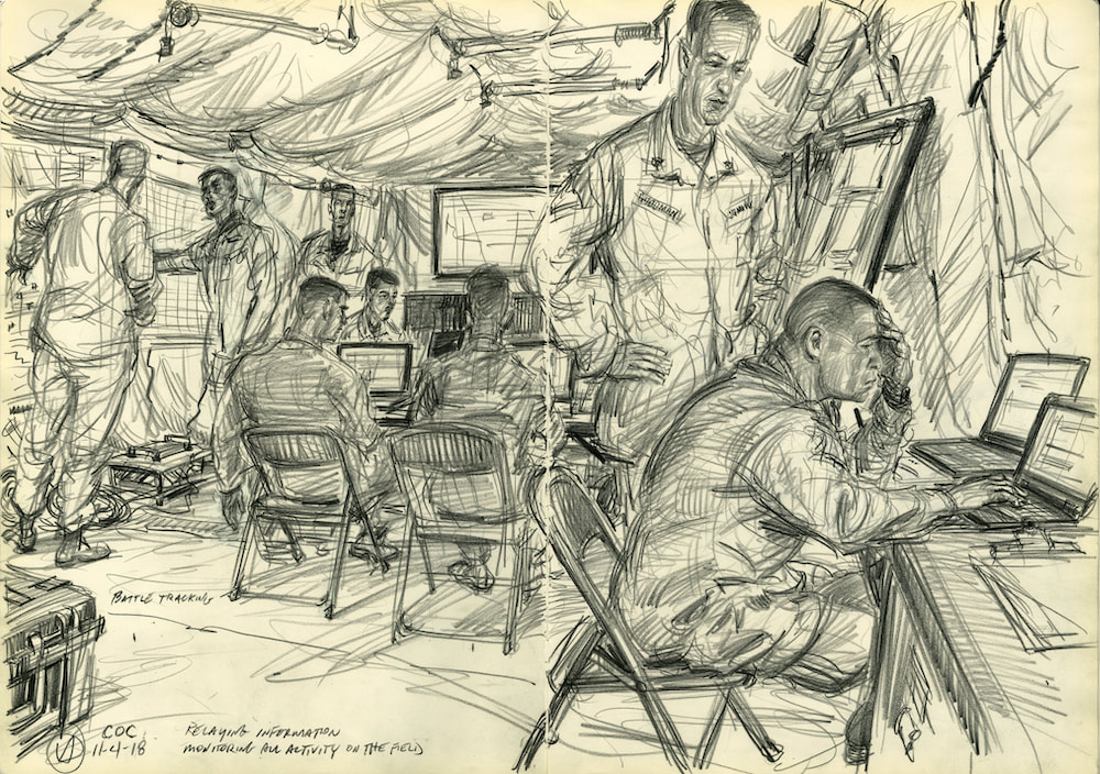 A sketch of service members in a COC tent