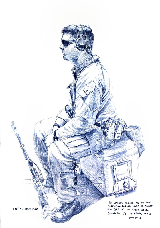 A sketch of a Corpsman in Iraq in gear sitting on a storage container