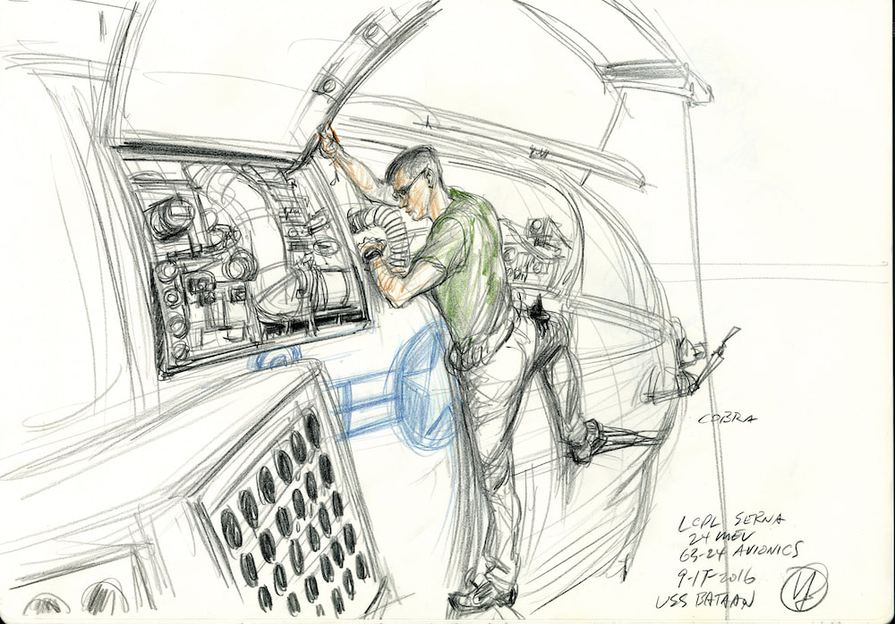 A sketch of a Marine mechanic working on a Cobra helicopter.