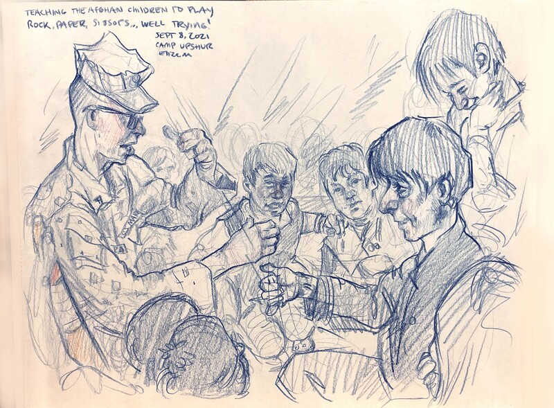 Sketch of Marine teaching Afghan child rock, paper, scissors on Sept 8, 2021 by Elize McKelvey