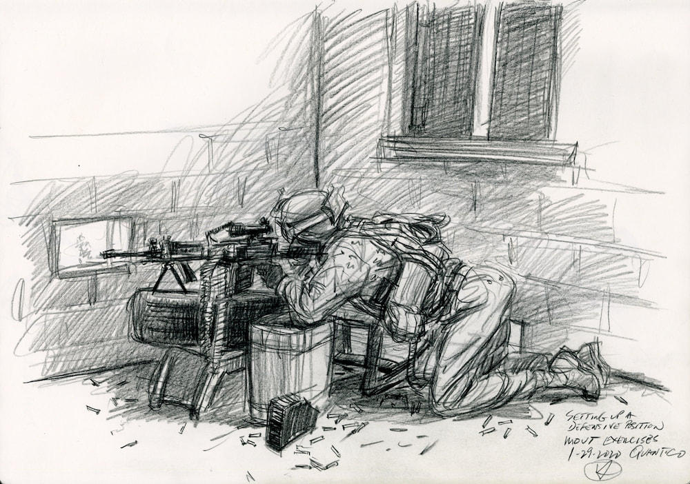 A sketch of a Marine setting up his weapons in a building 
