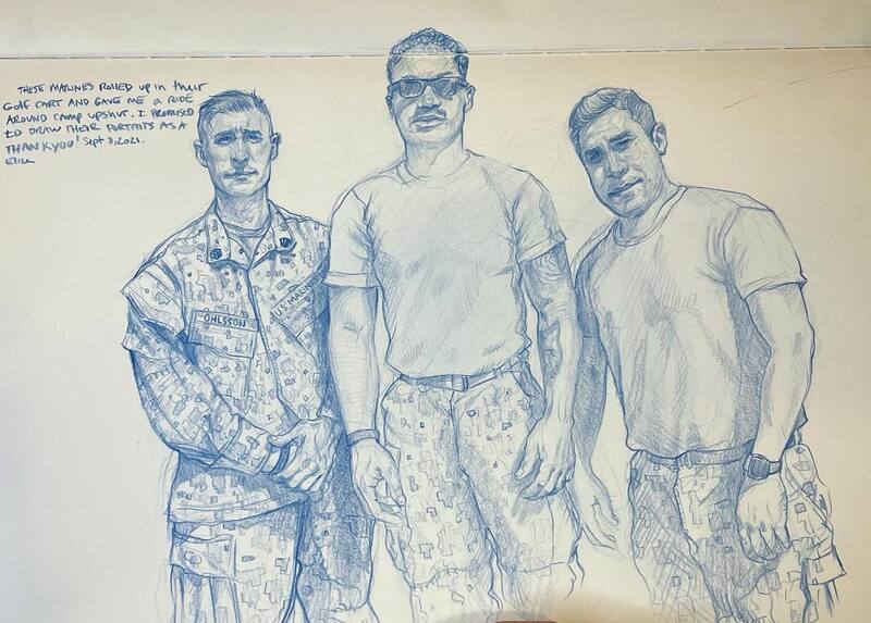 Sketch of portraits of Marines on Camp Upshur by Elize McKelvey