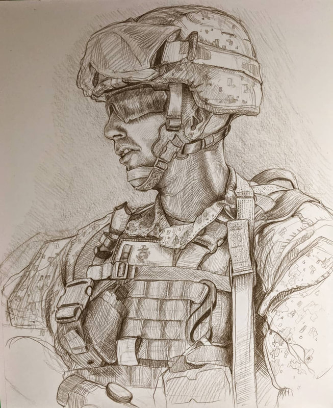 Charcoal of Marine looking on by Elize McKelvey