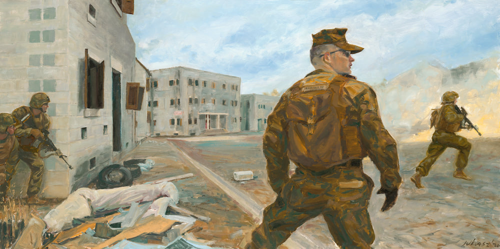 A painting of Marines in Quantico conducting Urban Ops Training Exercise downsized