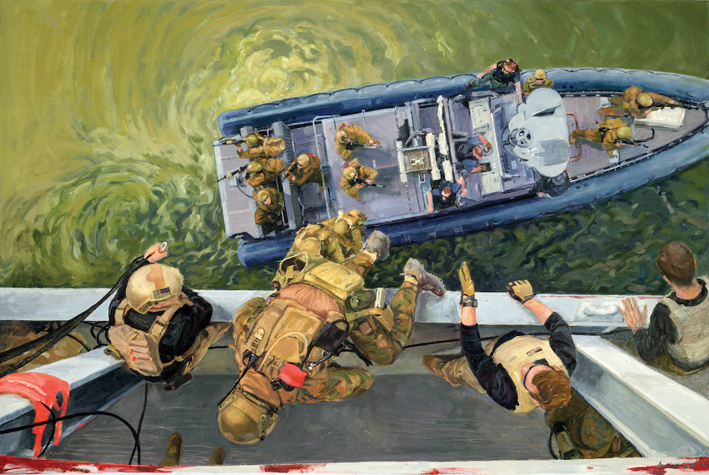 26MEU Hook and Climb painting that shows Service members rappelling over the side of a ship to a boat below